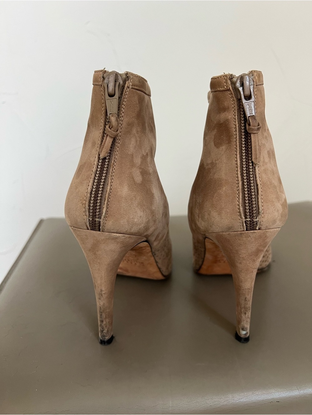 Stuart Weitzman Taupe Suede Perforated Peep-Toe Ankle Boots - Picture 5 of 9